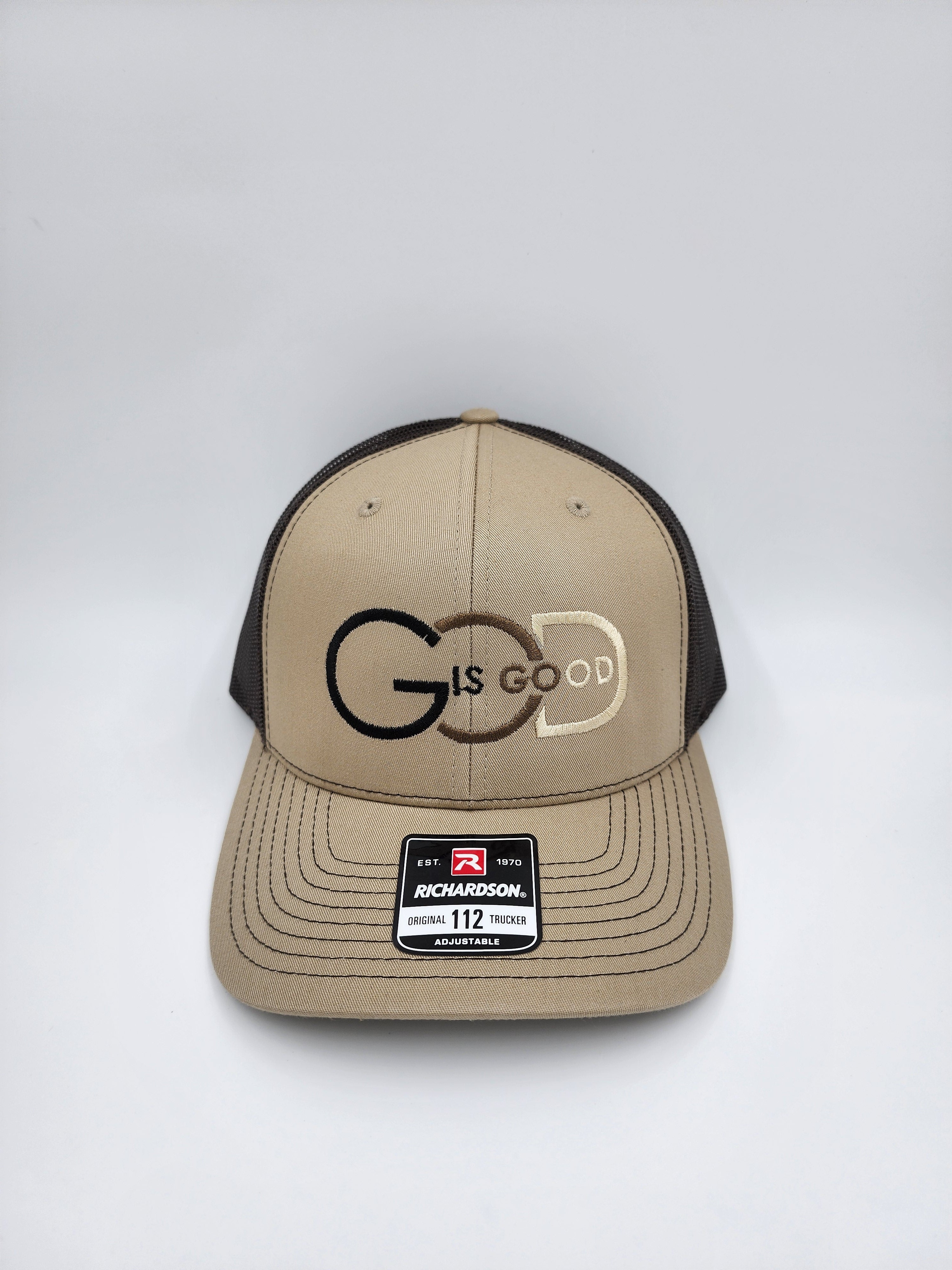 Brown/Khaki “God Is Good Trucker Hat – Minimal Faith Statement | Richardson 112 Snapback”