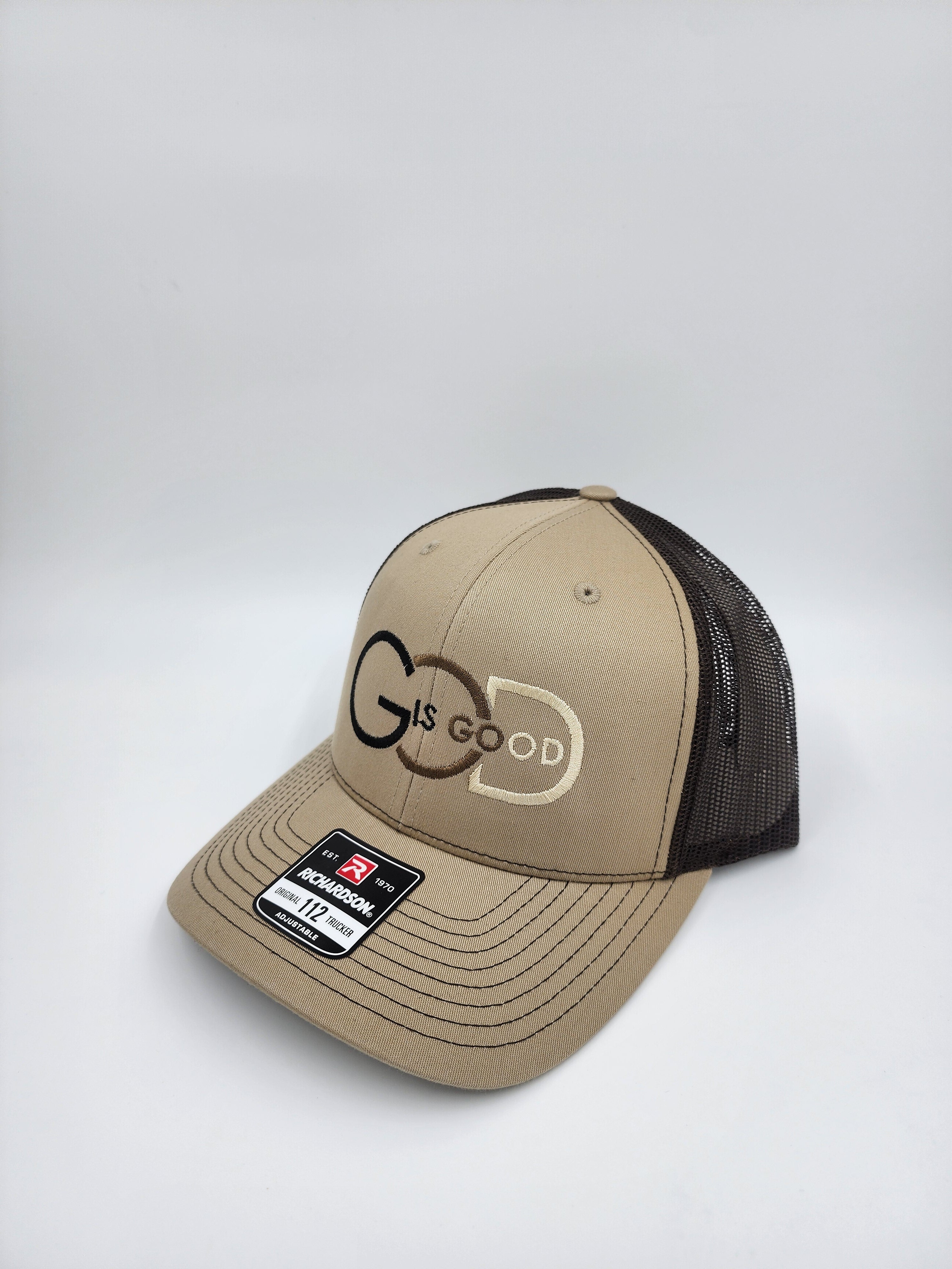 Brown/Khaki “God Is Good Trucker Hat – Minimal Faith Statement | Richardson 112 Snapback”