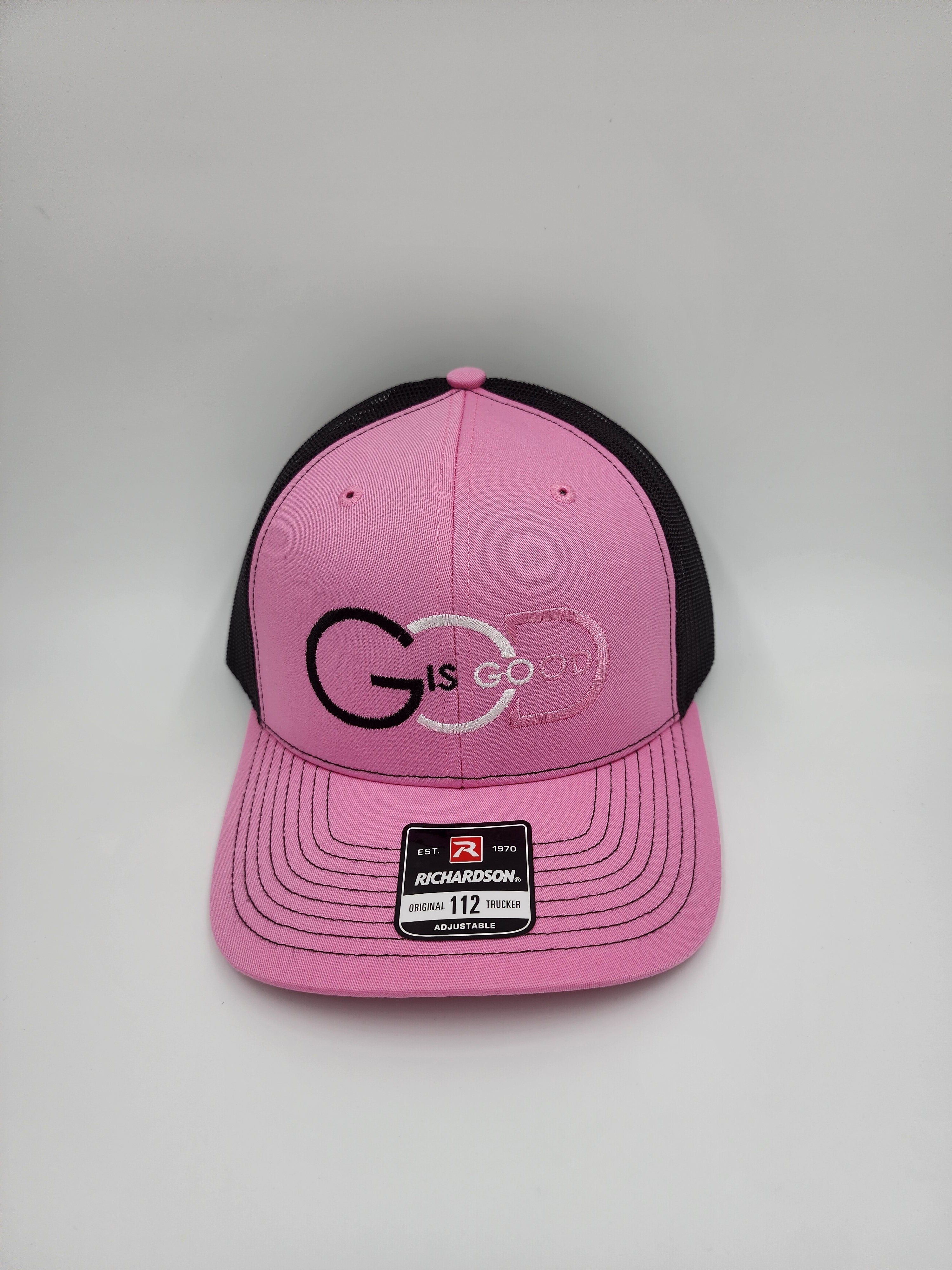 Pink/Black “God Is Good Trucker Hat – Minimal Faith Statement | Richardson 112 Snapback”