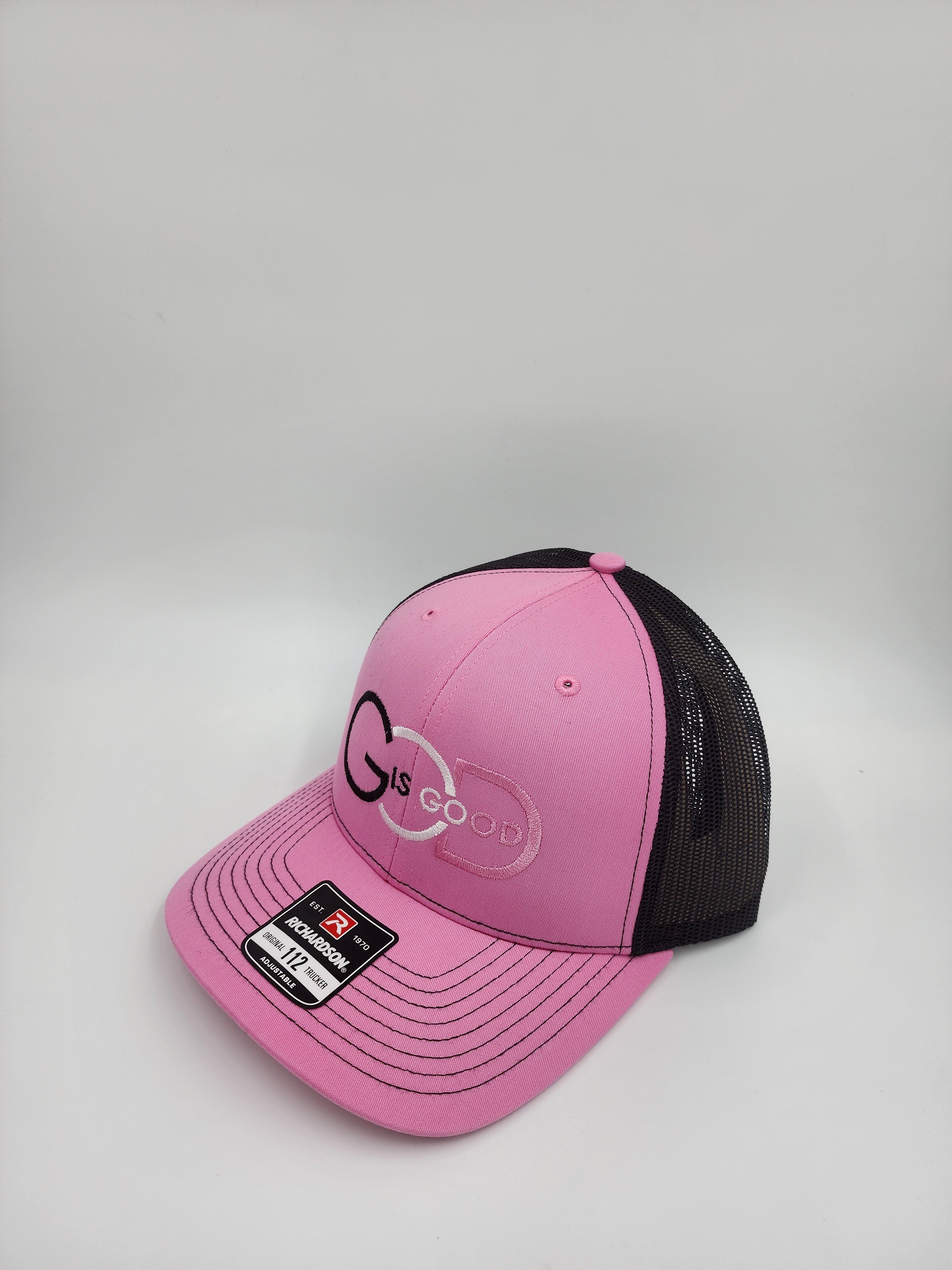 Pink/Black “God Is Good Trucker Hat – Minimal Faith Statement | Richardson 112 Snapback”