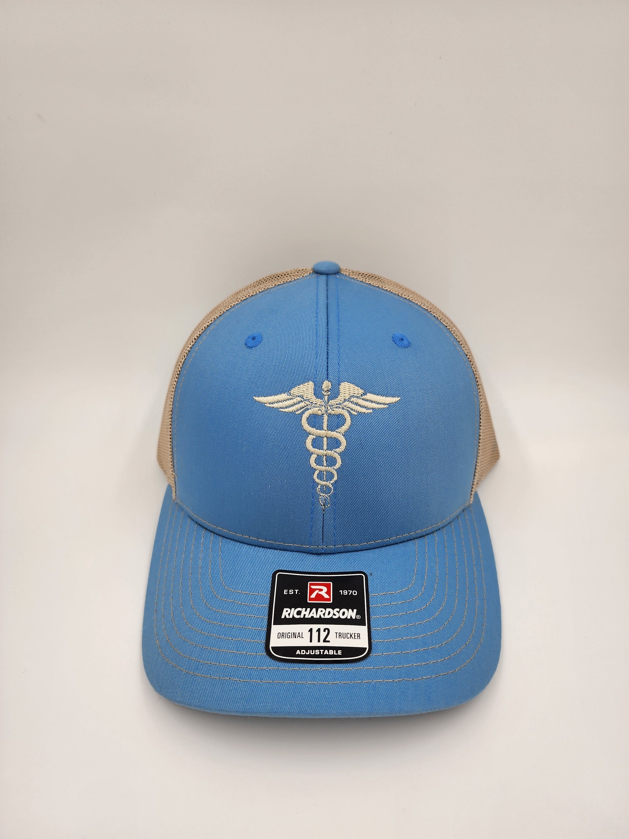 Baby Blue/Khaki “Healing Symbol Trucker Hat – Caduceus Embroidery | Richardson 112 Snapback”