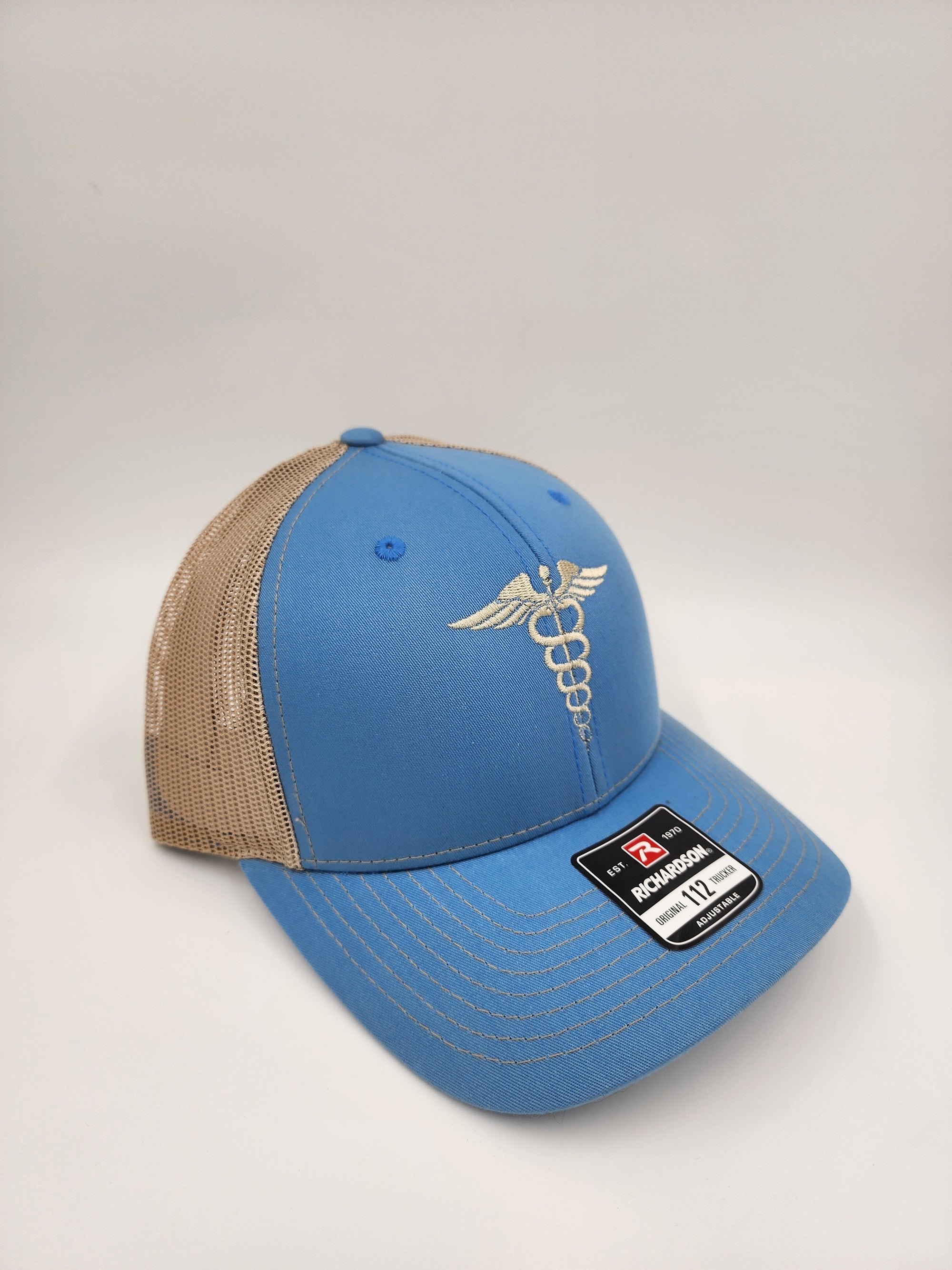 Baby Blue/Khaki “Healing Symbol Trucker Hat – Caduceus Embroidery | Richardson 112 Snapback”