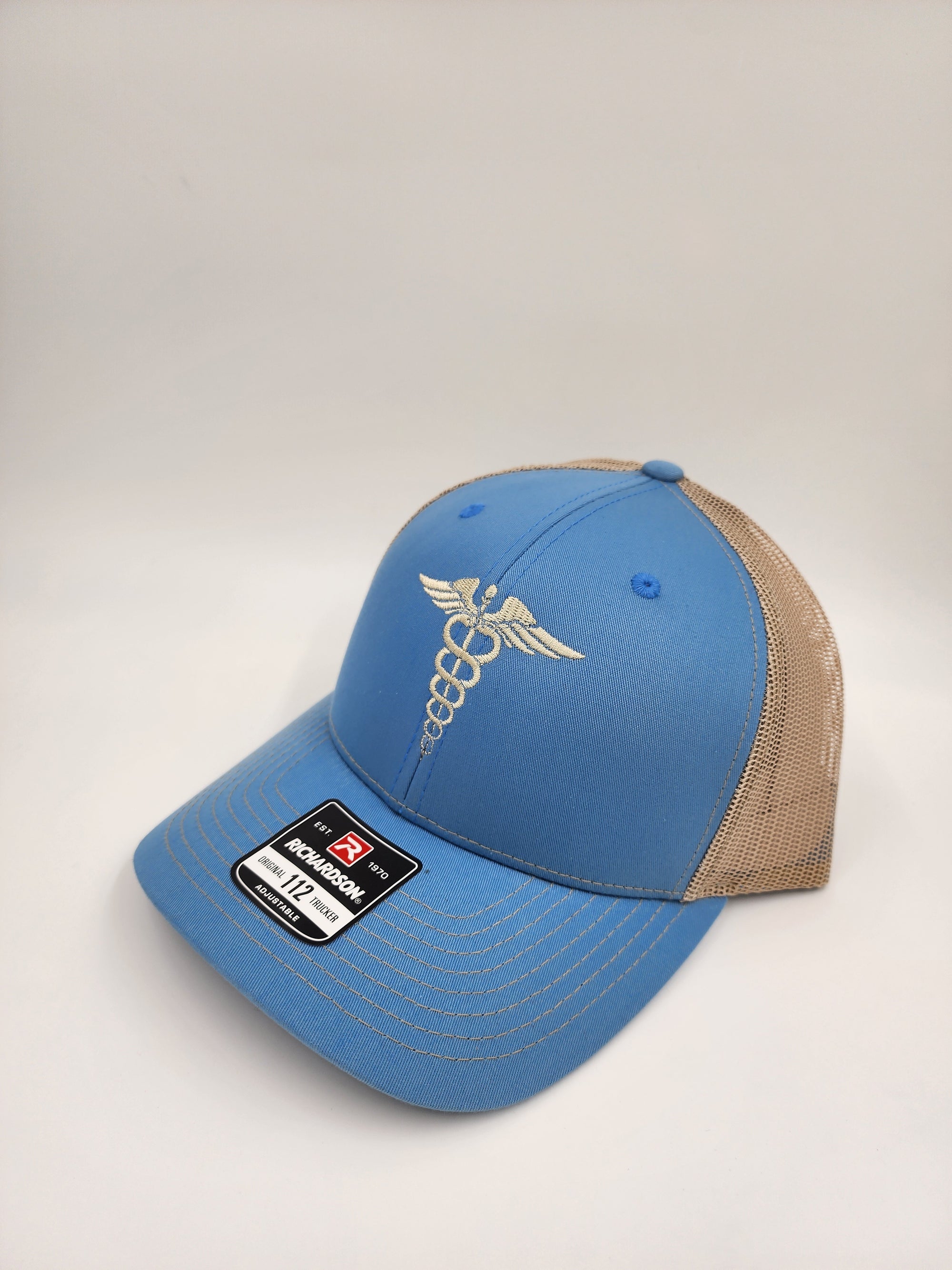 Baby Blue/Khaki “Healing Symbol Trucker Hat – Caduceus Embroidery | Richardson 112 Snapback”