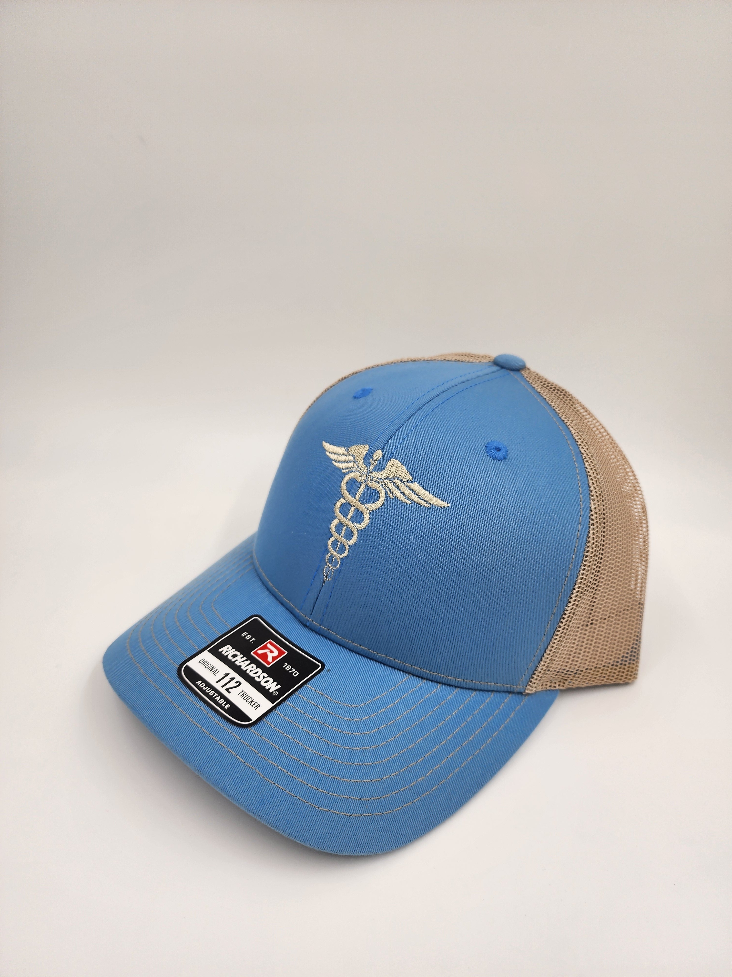 Baby Blue/Khaki “Healing Symbol Trucker Hat – Caduceus Embroidery | Richardson 112 Snapback”