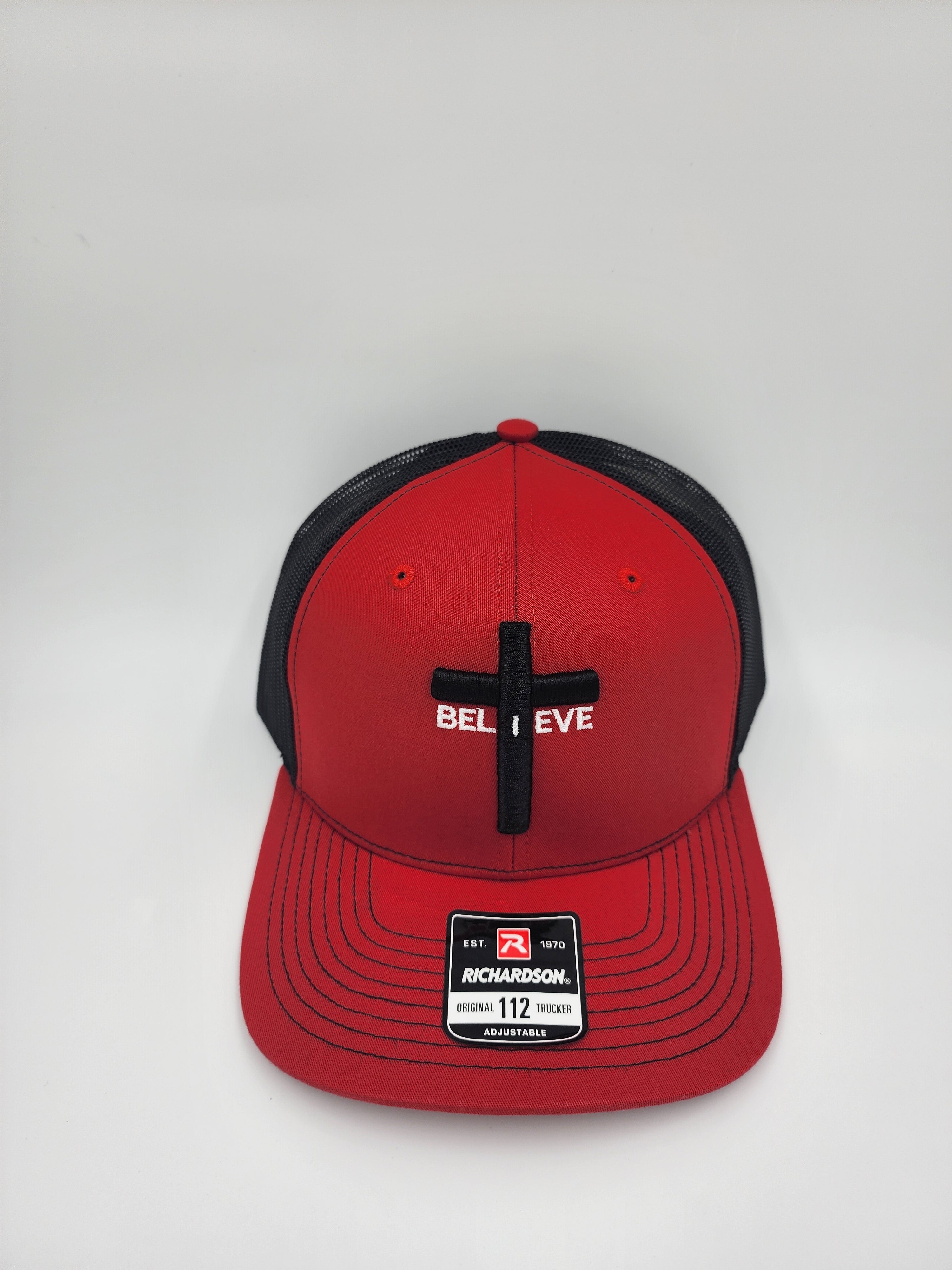 Red/Black 3D Puff “Believe Cross Trucker Hat – Faith Statement Snapback | Richardson 112”