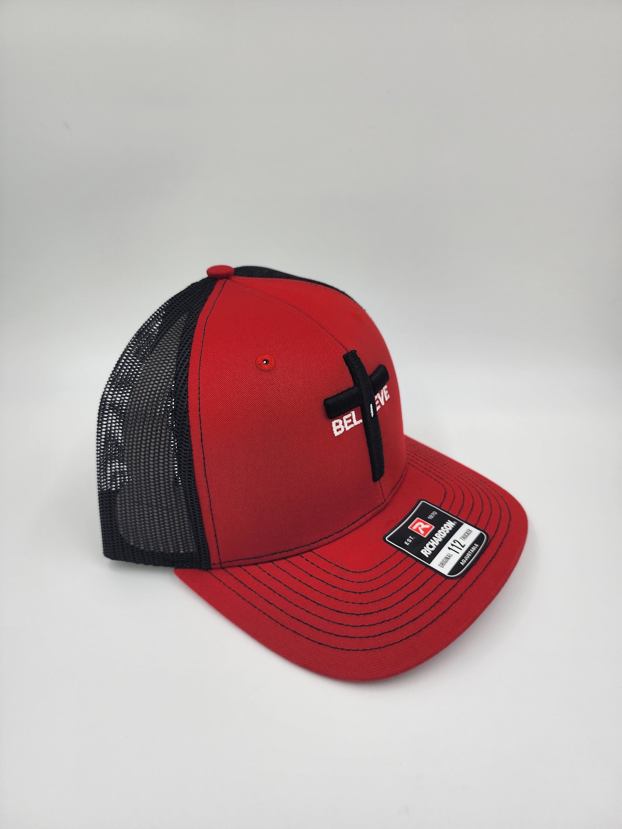 Red/Black 3D Puff “Believe Cross Trucker Hat – Faith Statement Snapback | Richardson 112”
