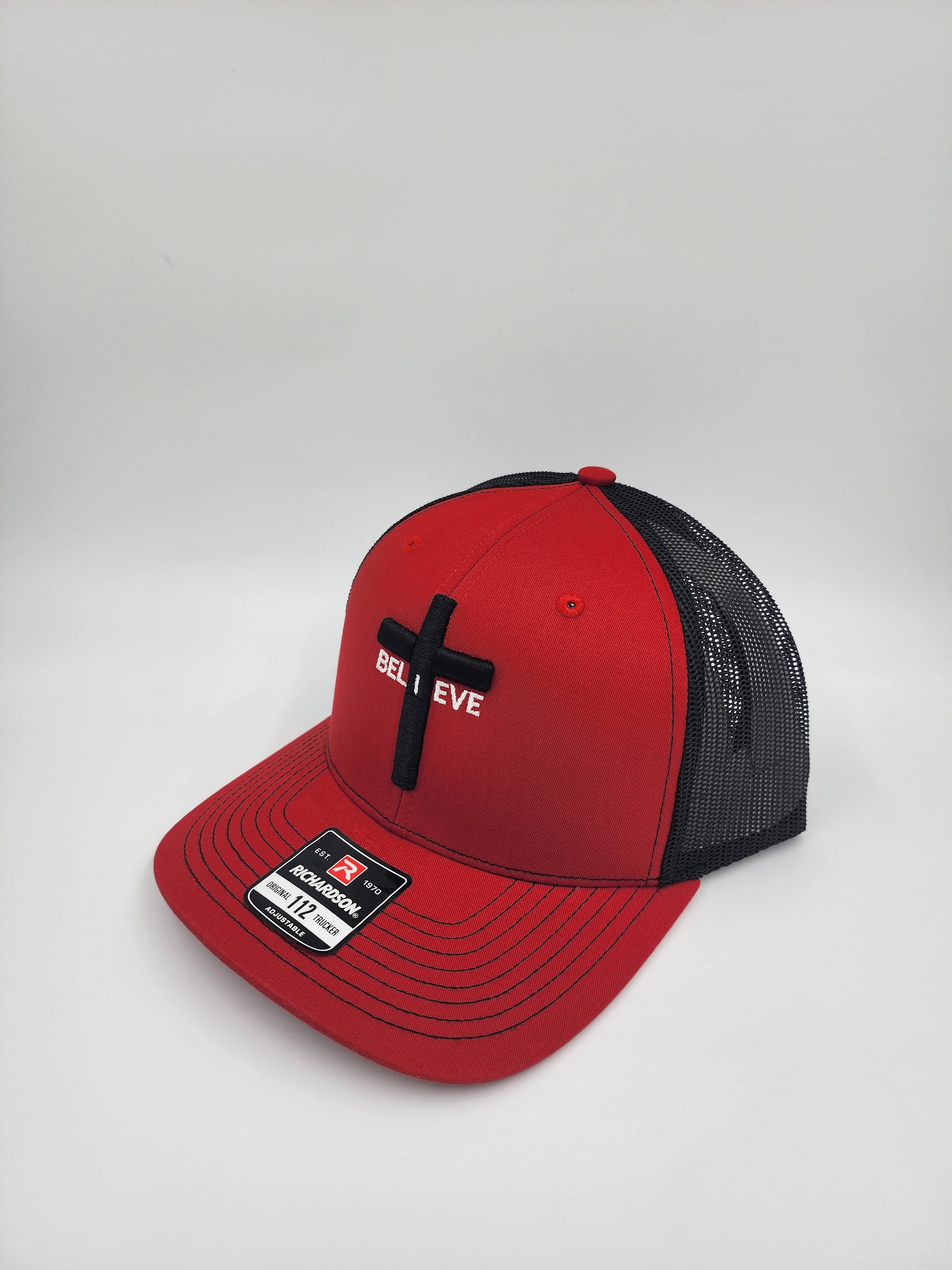 Red/Black 3D Puff “Believe Cross Trucker Hat – Faith Statement Snapback | Richardson 112”