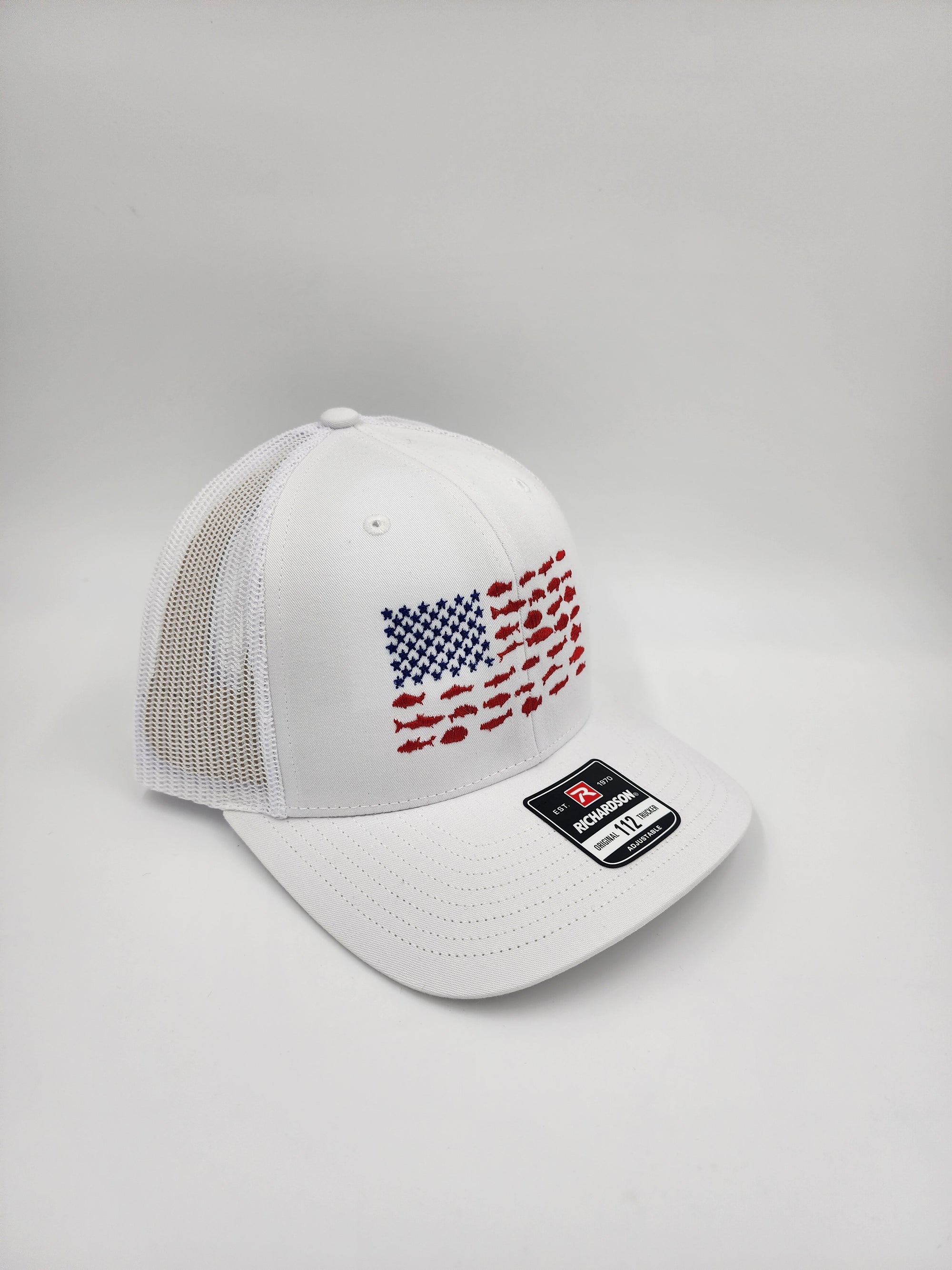 White/White Distressed American Flag Trucker Hat