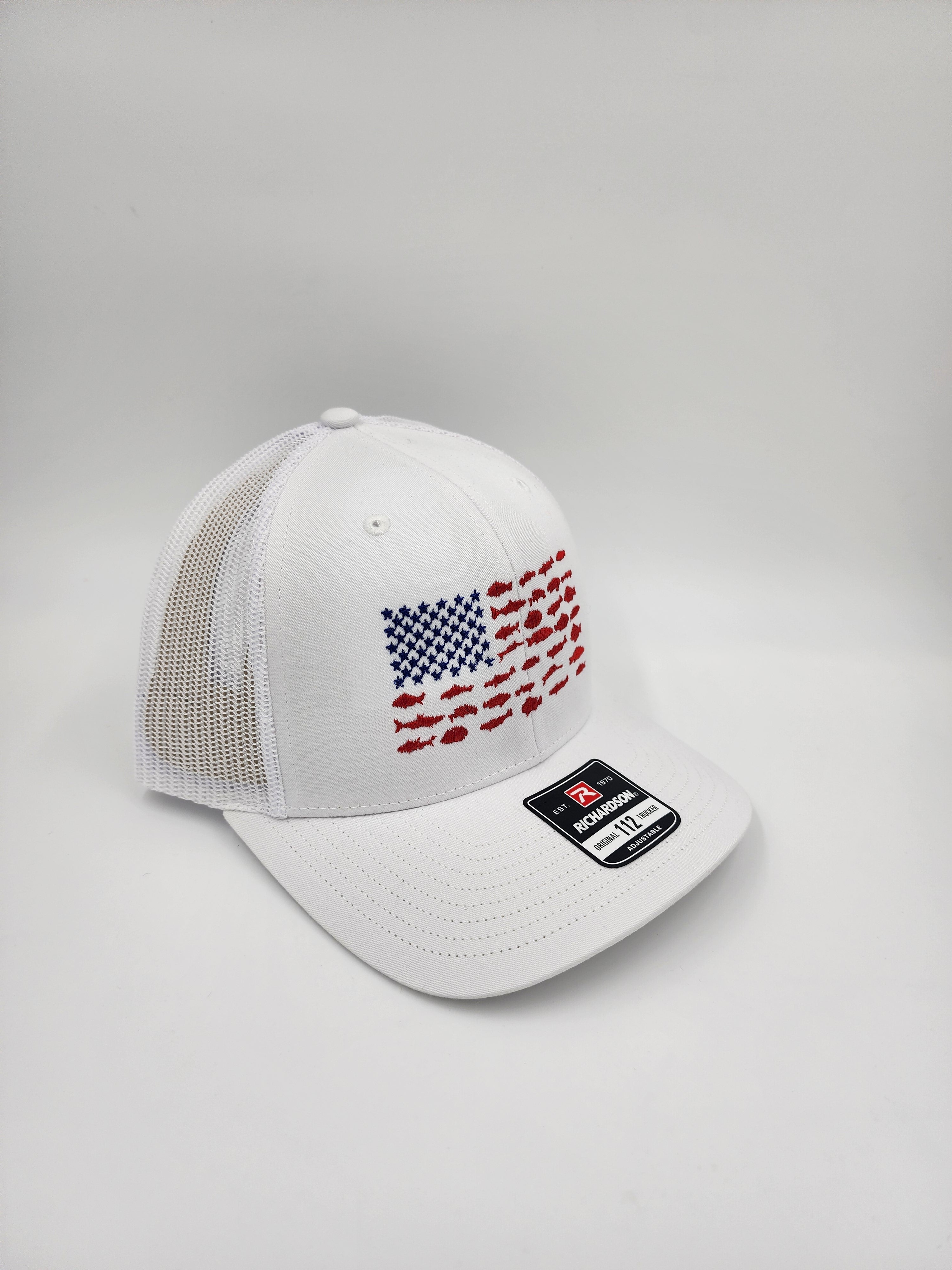 White/White Distressed American Flag Trucker Hat