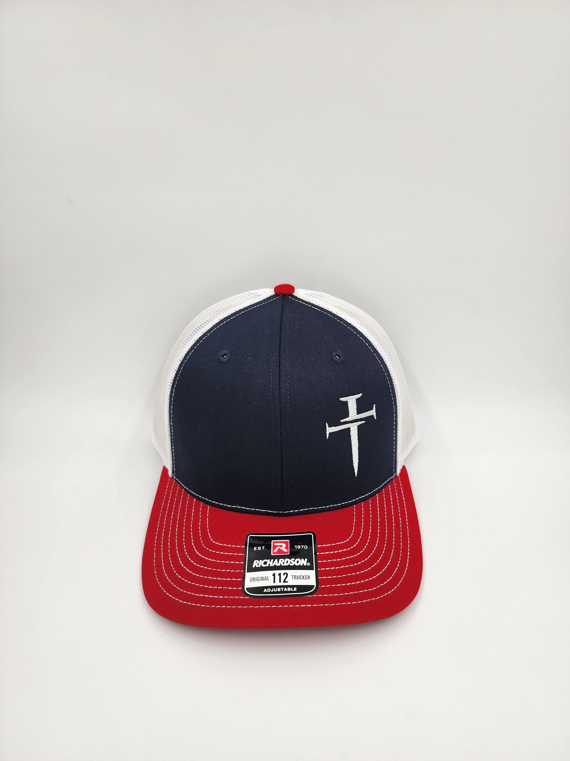 Faith & Steel Trucker Hat – Navy, Red & White - Richardson 112