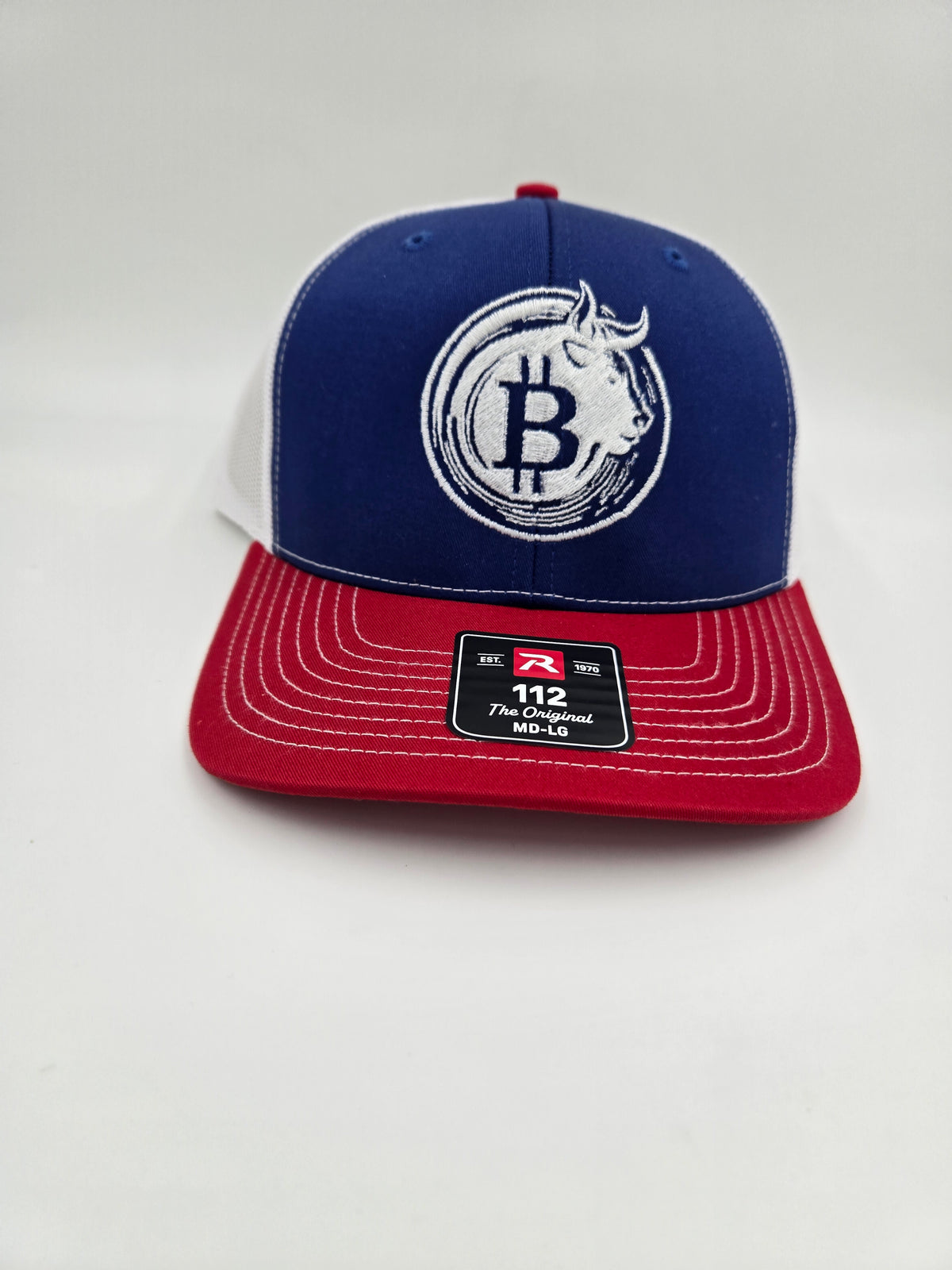 Bitcoin Bull Red, White & Blue Trucker Hat – Embroidered Richardson 112 | Island Thread Company