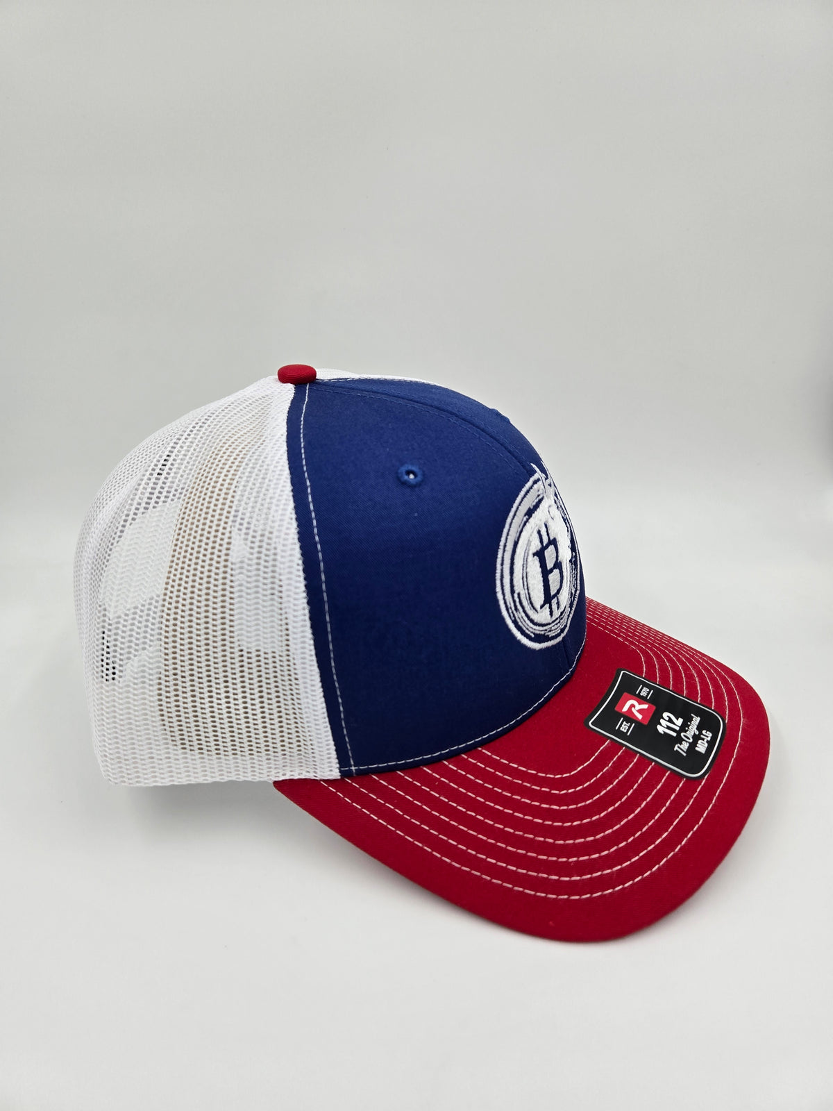 Bitcoin Bull Red, White & Blue Trucker Hat – Embroidered Richardson 112 | Island Thread Company