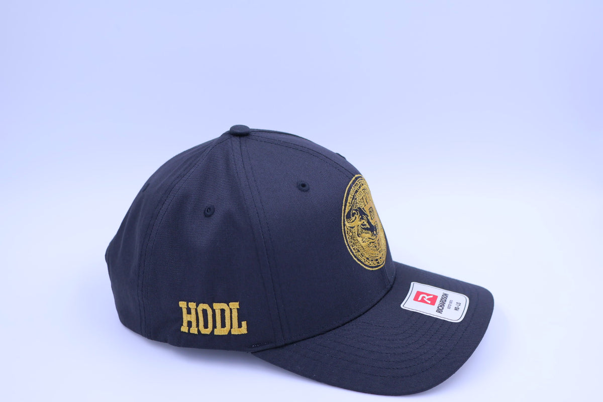 Bitcoin Bull HODL Embroidered Hat – Black & Gold Richardson 212 Snapback | Crypto Collection