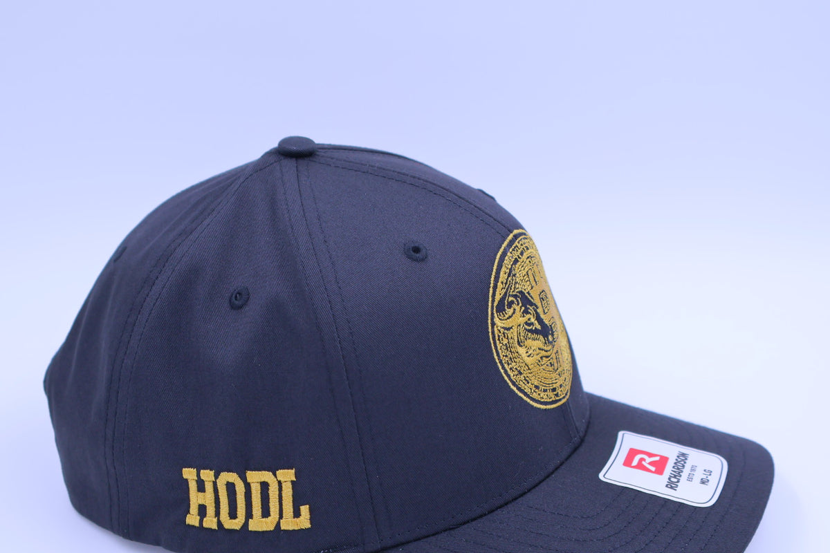Bitcoin Bull HODL Embroidered Hat – Black & Gold Richardson 212 Snapback | Crypto Collection